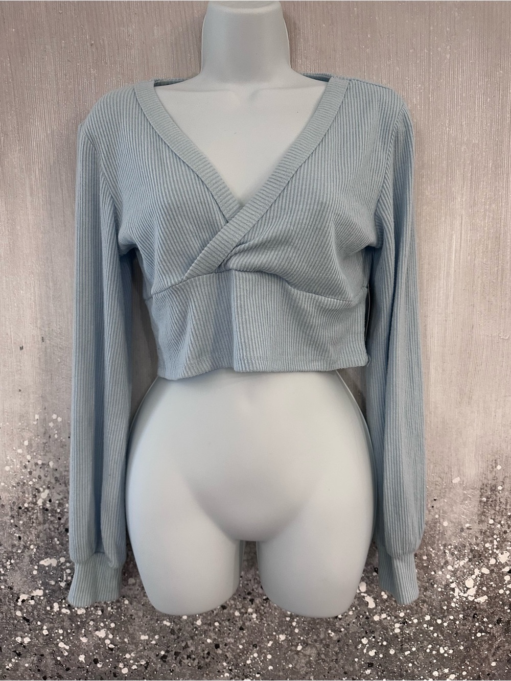 Ardene Ribbed Wrap Cropped Long-Sleeve Top - Light Blue